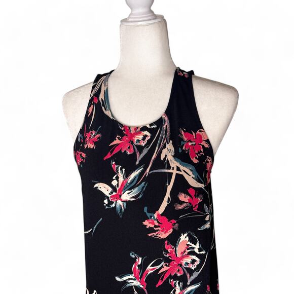 Leith Sleeveless Tropical Floral Flutter Hem Shift Mini Dress Black Small - Picture 4 of 9